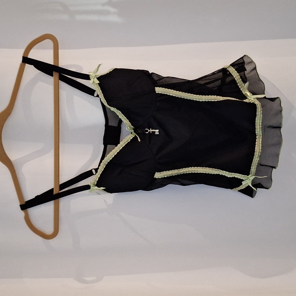 Penthouse Lingerie Black With Green Lace Detail Top